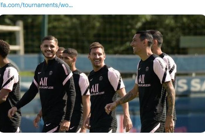 Keceriaan Angel Di Maria, Lionel Messi, dan Mauro Icardi di sesi latihan Paris Saint-Germain.