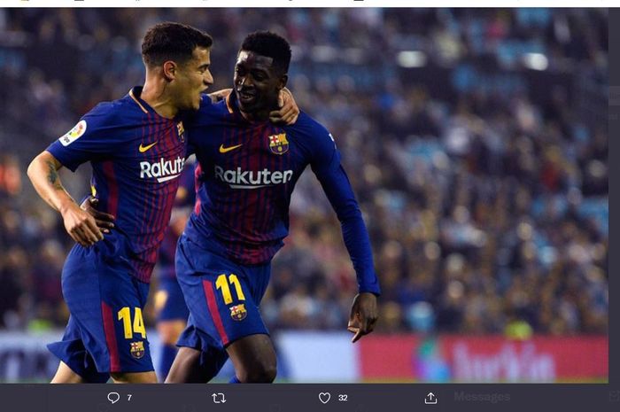 Philippe Coutinho dan Ousmane Dembele saat merayakan gol Barcelona.