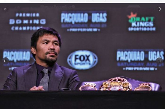 Manny Pacquiao saat menghadiri konferensi pers menjelang laga melawan Yordenis Ugas pada Rabu (18/8/2021).