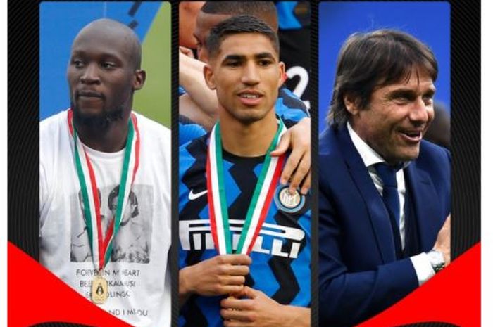 Dari kiri ke kanan. Romelu Lukaku, Achraf Hakimi, dan Antonio Conte, saat masih bekerja dalam satu tim yakni Inter Milan.