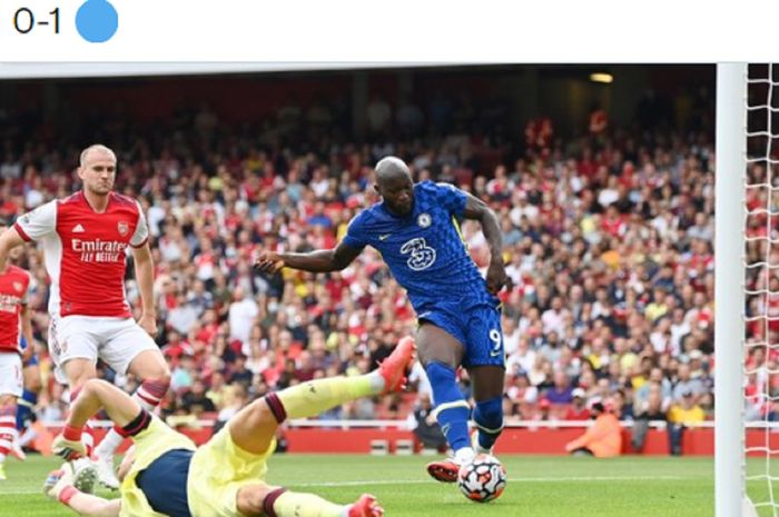 Striker anyar Chelsea, Romelu Lukaku, mencetak gol ke gawang Arsenal dalam laga pekan kedua Liga Inggris 2021-2022 di Emirates Stadium pada Minggu (22/8/2021) waktu setempat atau pukul 22.30 WIB.