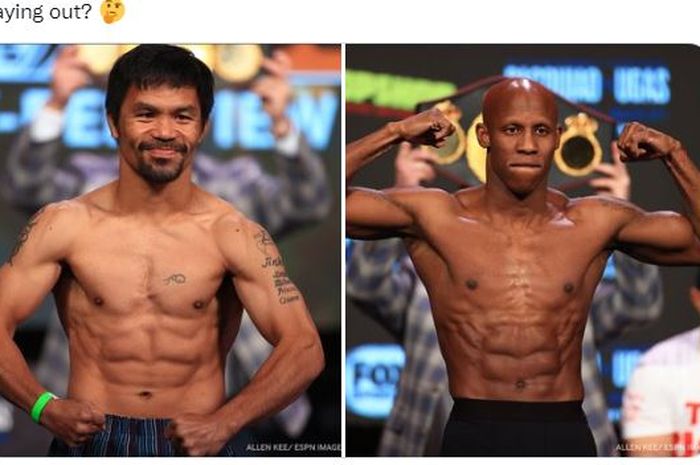 Kolase foto Manny Pacquiao (kiri) dan Yordenis Ugas (kanan) yang berduel pada Minggu siang (22/8/2021).