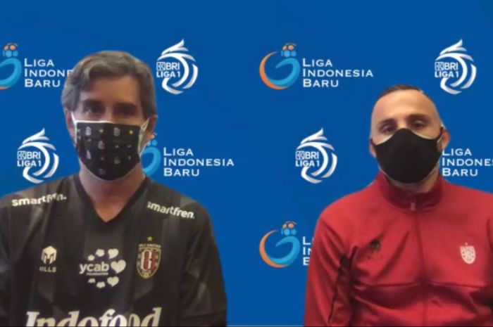 Pelatih Bali United, Stefano Cugurra bersama Ilija Spasojevic dalam konferensi pers pre match melawan Persik Kediri, Kamis (26/8/2021).