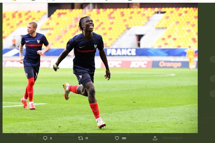 Eduardo Camavinga merayakan gol untuk timnas U-21 Prancis (2/9/2021), dua hari setelah resmi gabung Real Madrid.