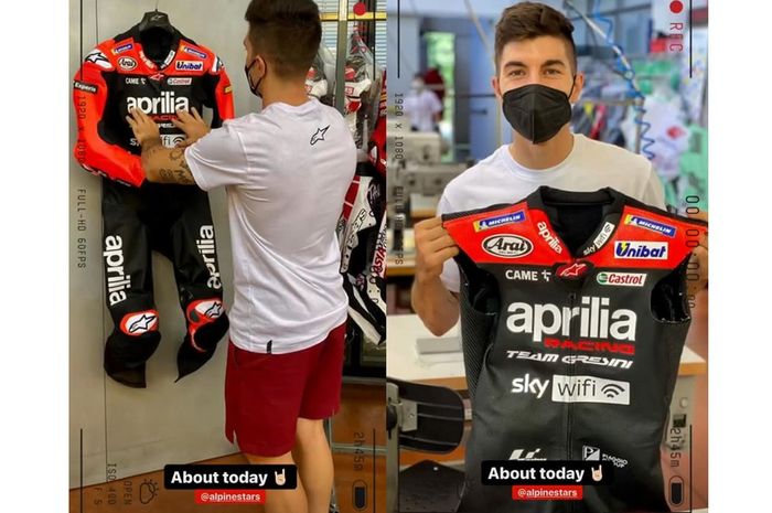 Maverick Vinales memamerkan jaket balap tim barunya, Aprilia Gresini, menjelang seri balap MotoGP Aragon di Sirkuit Aragon, Spanyol, pada 10-12 September 2021.