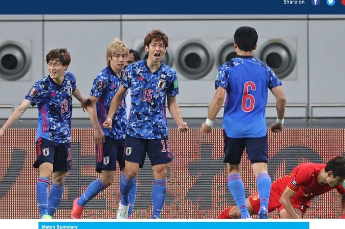 Selebrasi pemain Jepang atas gol Yuya Osako (no.15) ke gawang China pada pertandingan Kualifikasi Piala Dunia 2022