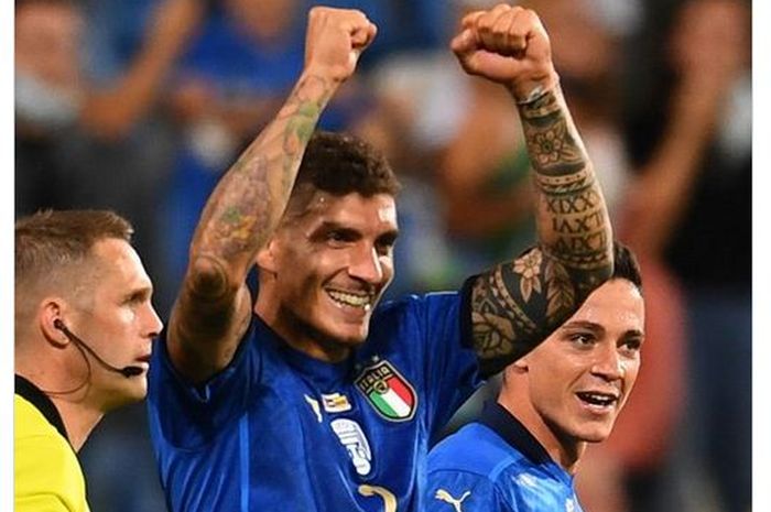 Giovanni Di Lorenzo saat merayakan gol yang dicetaknya dalam laga timnas Italia melawan timnas Lithuania di kualifikasi Piala Dunia 2022 zona Eropa.