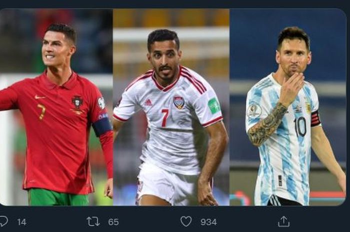 Cristiano Ronaldo, Ali Mabkhout, dan Lionel Messi, tiga pesepak bola aktif dengan jumlah gol internasional terbanyak di dunia.