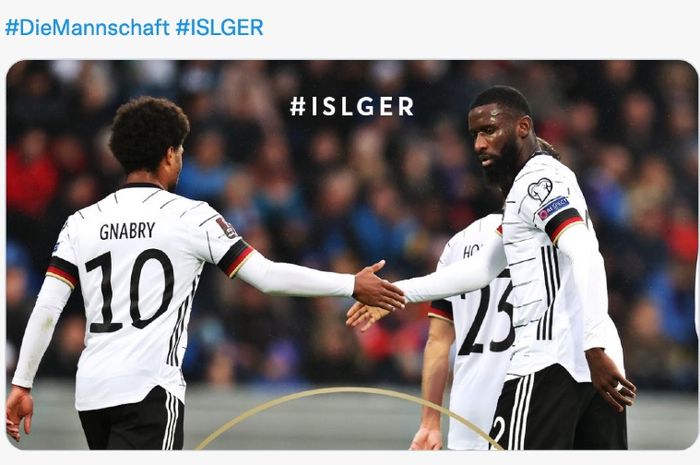 Serge Gnabry (10) dan Antonio Ruediger sama-sama mencetak gol untuk Jerman saat melawan Islandia pada laga Kualifikasi Piala Dunia 2022, Kamis (9/9/2021) di Stadion Laugardalsv&ouml;llur, Reykjavik, Islandia. 
