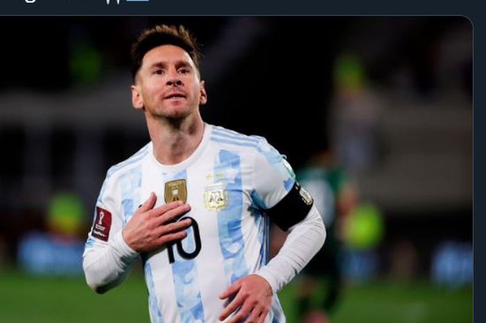 Kapten timnas Argentina, Lionel Messi, saat merayakan gol ke gawang Bolivia di kualifikasi Piala Dunia 2022.