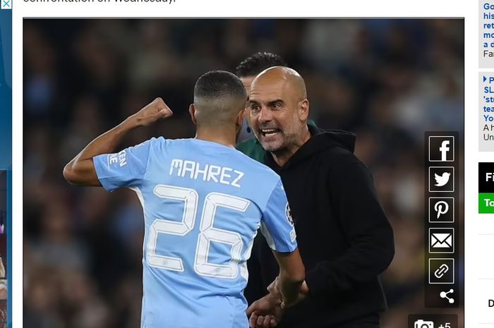 Pep Guardiola terlibat perdebatan sengit dengan Riyad Mahrez dalam laga Manchester City vs RB Leipzig, Kamis (16/9/2021) dini hari WIB.