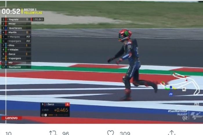 Fabio Quartararo, terjatuh di sesi kualifikasi MotoGP San Marino 2021, Sabtu (18/9/2021) di Sirkuit Misano.