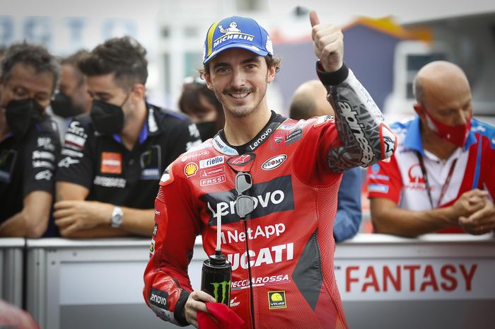 Pembalap Ducati, Francesco Bagnaia, setelah kualifikasi MotoGP Aragon di Sirkuit Misano, Sabtu (18/9/2021).