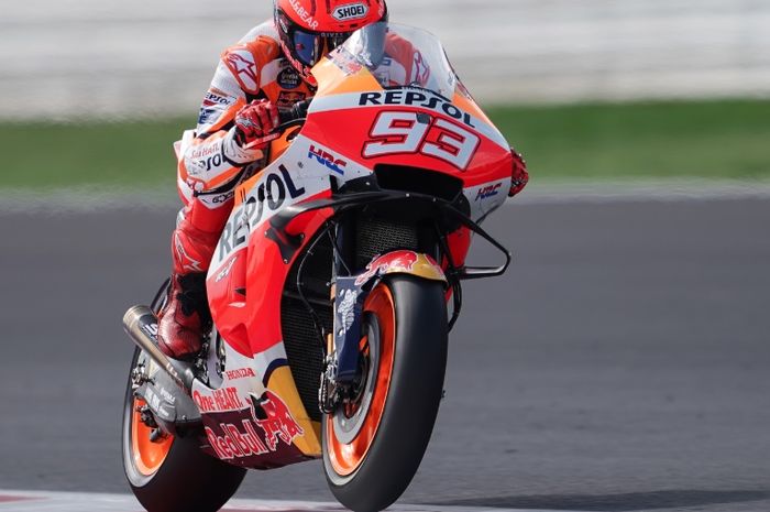 Pembalap Repsol Honda, Marc Marquez, saat sesi kualifikasi MotoGP San Marino 2021, Sabtu (19/7/2021).