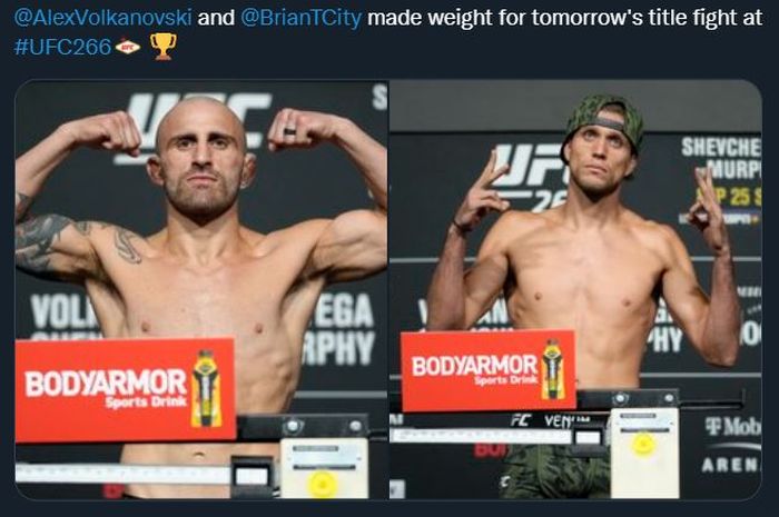 Kolase foto antara Alexander Volkanovski dan Brian Ortega jelang bertarung pada UFC 266 di T-Mobile Arena, Las Vegas, Nevada, Amerika Serikat, Sabtu (25/9/2021).