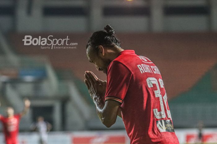 Selebrasi gelandang Persija Jakarta, Rohit Chand, seusai mencetak gol dalam laga pekan kelima Liga 1 2021 di Stadion Pakansari, Bogor, Jawa Barat, 28 September 2021.