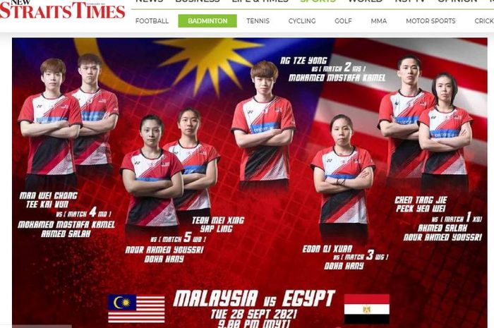 Tim Malaysia saat melawan Mesir pada laga kedua penyisihan grup D Piala Sudirman 2021. (screenshot News Straits Times)