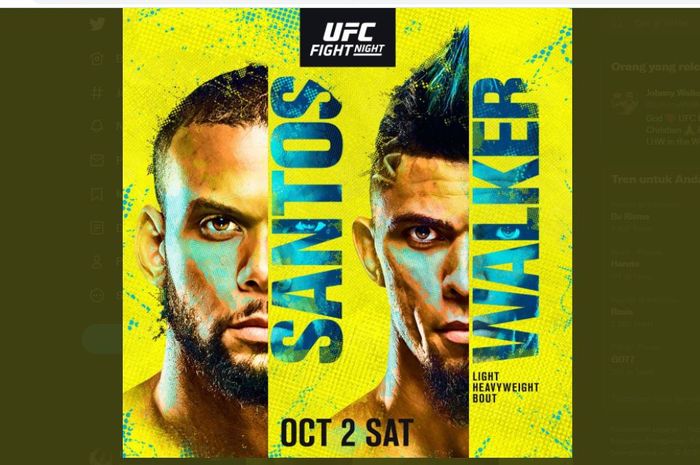 Poster UFC Vegas 38 yang mempertemukan Thiago Santos vs Johnny Walker sebagai daya tarik utama. Kedua jagoan asal Brasil itu akan berhadapan di UFC Apex, Las Vegas, Nevada, Amerika Serikat, Minggu (3/10/2021).