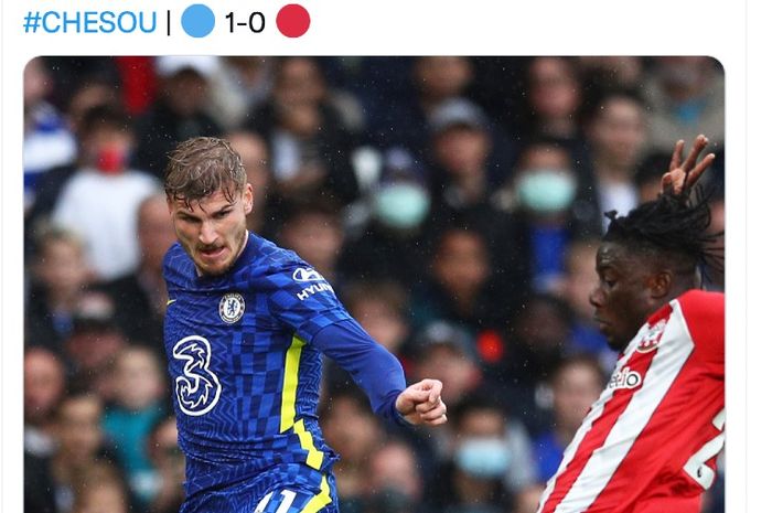 Pemain Chelsea, Timo Werner, tampil melawan Southampton pada laga Liga Inggris, Sabtu (2/10/2021)