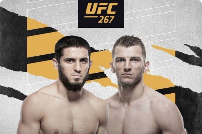 Poster pertandingan duel kelas ringan, Islam Makhachev vs Dan Hooker,  yang akan berlangsung pada acara UFC 267 di Abu Dhabi, 31 Oktober 2021.