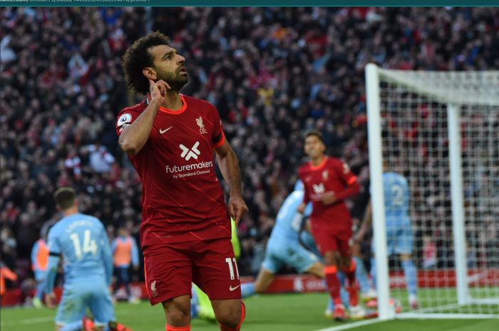 Momen selebrasi Mohamed Salah usai mencetak gol ke gawang Manchester City pada laga pekan ketujuh Liga Inggris 2021-2022.