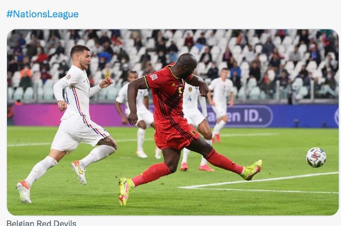 Penyerang Belgia, Romelu Lukaku, mencetak gol ke gawang Prancis pada semifinal UEFA Nations League, Jumat (8/10/2021) dini hari WIB.