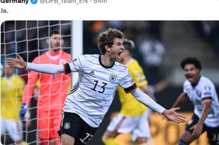 Selebrasi striker Jerman, Thomas Mueller, usai menjebol gawang timnas Rumania dalam Kualifikasi Piala Dunia 2022.