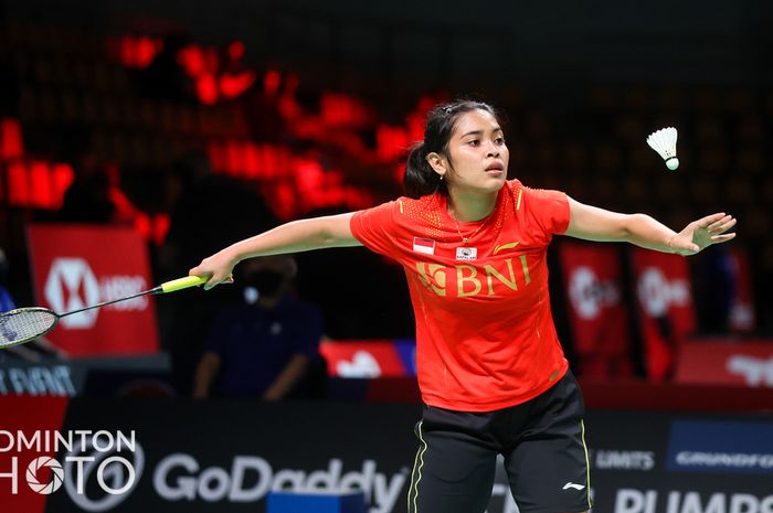 Pebulu tangkis tunggal putri Indonesia, Gregoria Mariska Tunjung, pada laga pertama melawan Jerman Uber Cup 2020 di Ceres Arena, Aarhus, Denmark, Sabtu (9/10/2021).