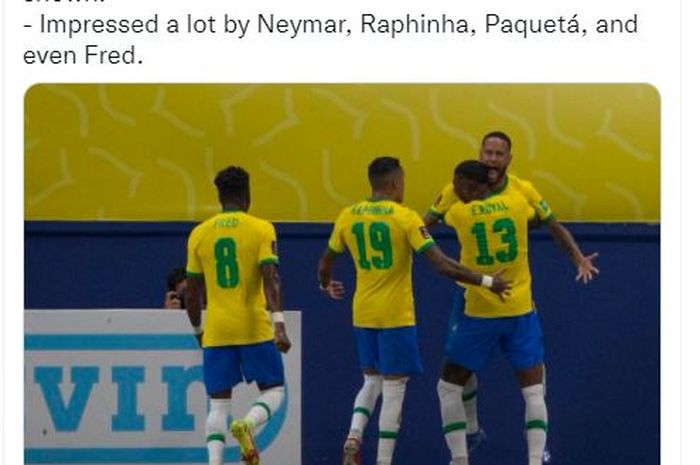 Selebrasi Neymar dan Raphinha saat timnas Brasil melibas Uurguay 3-0 pada matchday ke-11 Kualifikasi Piala Dunia 2022 zona Conmebol, di Arena de Amazonia, Jumat (15/10/2021) pagi WIB.