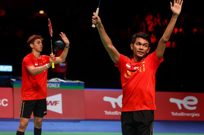 Fajar Alfian/Muhammad Rian Ardianto memastikan kemenangan Indonesia atas Denmark di babak semifinal Thomas Cup 2020, Sabtu (16/10/2021).