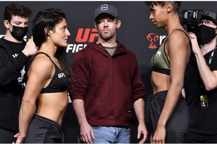 Sesi faceoff laga Lupita Godinez vs Luana Carolina yang memecahkan setengah rekor Khamzat Chimaev di UFC Vegas 40, Minggu (17/10/2021) WIB.