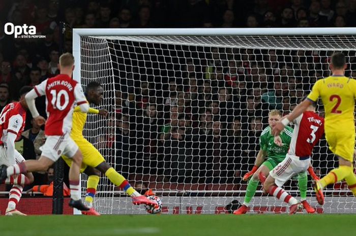 Penyerang Crystal Palace, Christian Benteke, mencetak gol ke gawang Arsenal di Emirates Stadium dalam laga pekan ke-8 Liga Inggris 2021-2022, Senin (18/10/2021) waktu setempat atau Selasa pukul 02.00 WIB. 