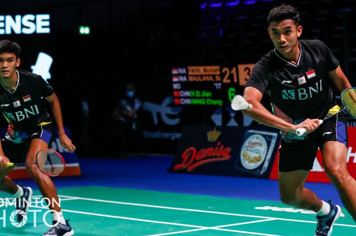 Ganda putra Indonesia, Muhammad Shohibul Fikri/Bagas Maulana saat tampil pada babak pertama Denmark Open 2021, Selasa, (19/10/2021)