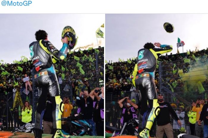 Kolase dari momen ketika pembalap Petronas Yamaha SRT, Valentino Rossi, melemparkan helmnya kepada penggemar setelah balapan MotoGP Emilia Romagna di Sirkuit Misano, Italia, 24 Oktober 2021.