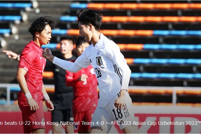 Bomber Timnas U-23 Jepang, Shota Fujio, melakukan selebrasi usai mencetak gol ke gawang Hongkong dalam Kualifikasi Piala Asia U-23 2022.