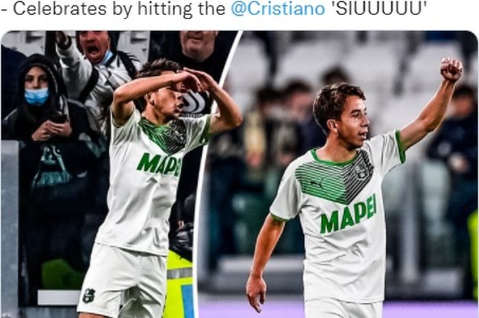 Pahlawan kemenangan Sassuolo, Maxime Lopez, menirukan selebrasi Cristiano Ronaldo di markas Juventus usai mencetak gol pada menit ke-95.