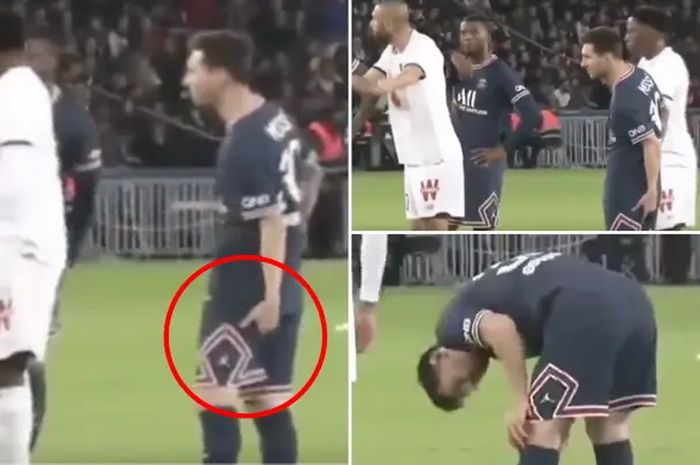 Momen saat penyerang Paris Saint-Germain Lionel Messi merasakan tidak nyaman di bagian hamstringnya saat laga melawa Lille di Stadion Parc des Princes, Paris, Sabtu (30/10/2021).