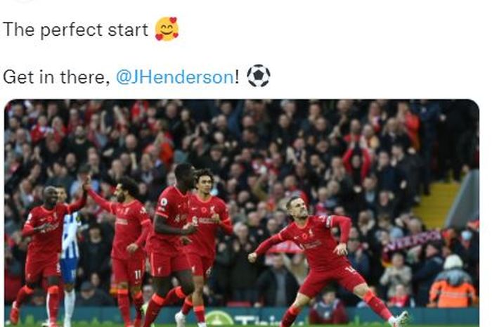 Selebrasi Jordan Henderson saat mencetak gol ke gawang Brighton di Anfield, dalam laga pekan ke-10 Liga Inggris, Sabtu (30/10/2021).