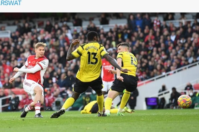 Emile Smith Rowe mencetak gol dalam laga Arsenal vs Watford di Liga Inggris, Minggu (7/11/2021) di Emirates Stadium.