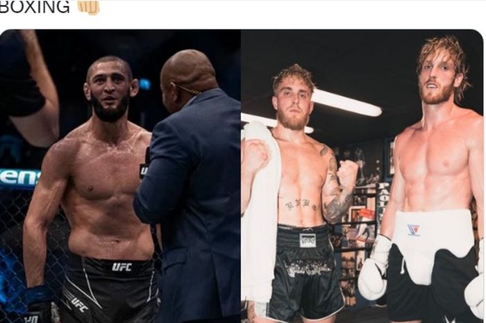 Kolase foto monster UFC, Khamzat Chimaev (kiri) dan petinju tapi artis YouTube, Logan Paul dan Jake Paul (kanan).