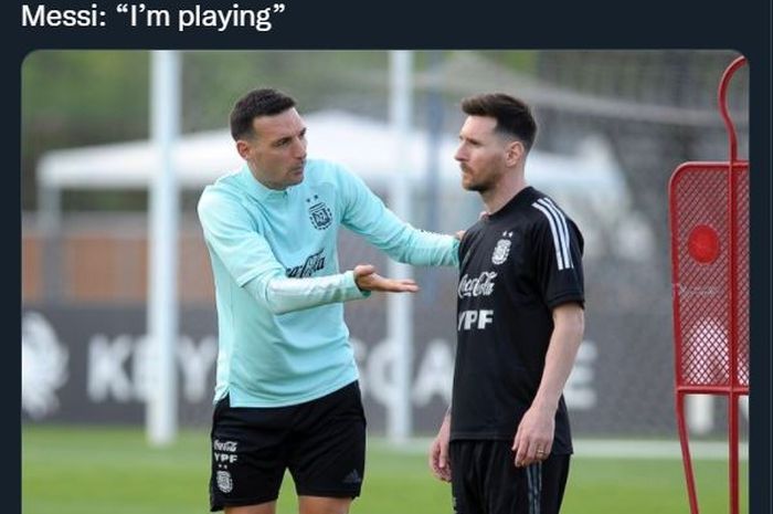 Kapten timnas Argentina, Lionel Messi, bersama pelatih Lionel Scaloni dalam sesi latihan.