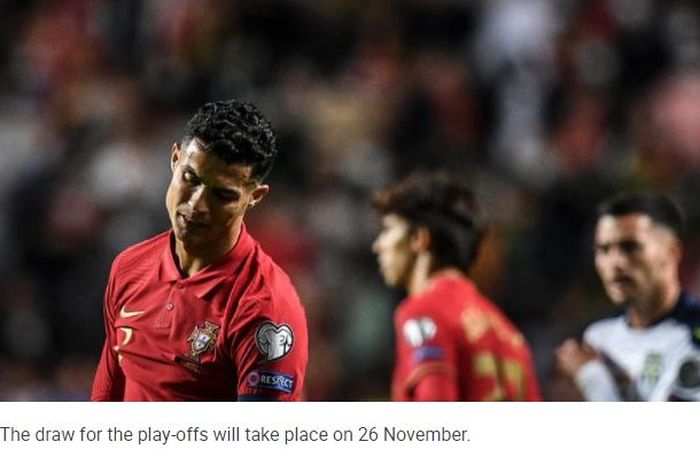 Ekspresi megabintang timnas Portugal, Cristiano Ronaldo, dalam laga Grup A Kualifikasi Piala Dunia 2022 Zona Eropa kontra timnas Serbia di Stadion do SL Benfica, Minggu (14/11/2021).