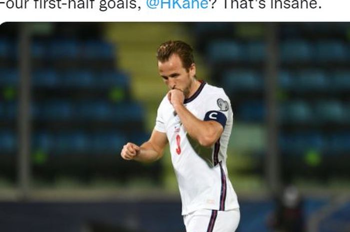 Striker timnas Inggris, Harry Kane, merayakan gol ke gawang timnas San Marino dalam laga Grup I Kualifikasi Piala Dunia 2022 Zona Eropa di San Marino Stadium, Senin (15/11/2021).