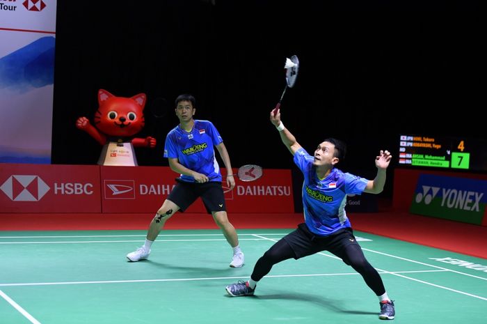 Pasangan ganda putra Indonesia, Mohammad Ahsan/Hendra Setiawan, pada babak kedua Indonesia Masters 2021 di Bali International Convention Centre, Nusa Dua, Rabu (17/11/2021).