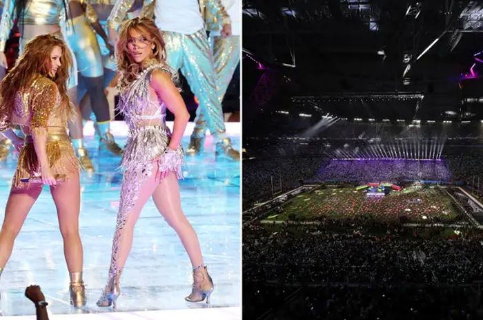Penyanyi internasional Shakira (kiri) dan Jennifer Lopez (kanan) saat mengisi hiburan selama paruh waktu di ajang Super Bowl 2020.