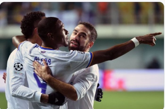 David Alaba merayakan gol yang dicetaknya dalam laga Sheriff Tiraspol melawan Real Madrid pada matchday 5 Liga Champions, Rabu (24/11/2021) di Sheriff Stadium.