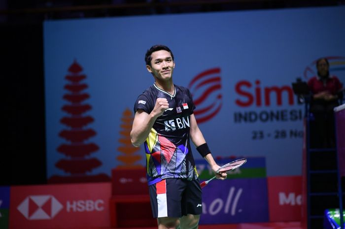 Pebulu tangkis tunggal putra Indonesia, Jonatan Christie, pada babak kedua Indonesia Open 2021 di Bali International Convention Centre, Nusa Dua, Kamis (25/11/2021).