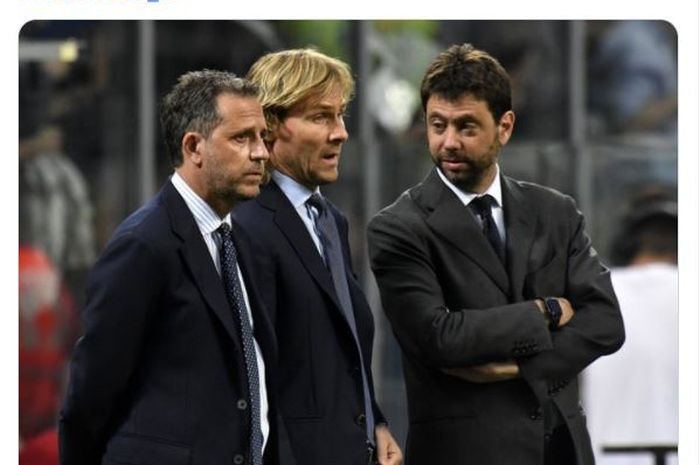 Dari kanan ke kiri: Presiden Juventus Andrea Agnelli, Wapres Pavel Nedved, dan direktur klub yang kini sudah hijrah ke Tottenham, Fabio Paratici.