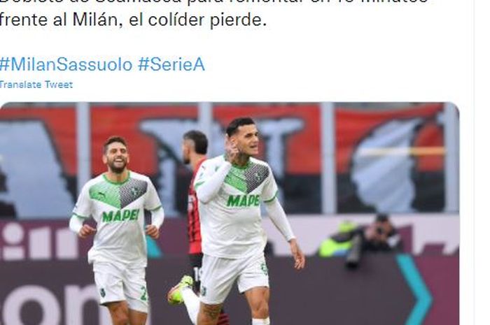 Selebrasi Gianluca Scamacca di laga AC Milan Vs Sassuolo di San Siro dalam giornata ke-14 Liga Italia, Minggu (28/11/2021).