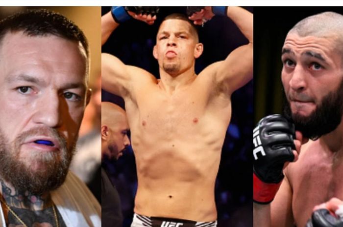Kolase foto jagoan UFC, Conor McGregor (kiri), Nate Diaz (tengah), dan Khamzat Chimaev (kanan)